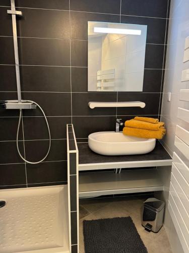 une salle de bain avec un lavabo et un miroir dans l'établissement 100m2 de paradis en total vue Mer, à Saint-Georges-de-Didonne