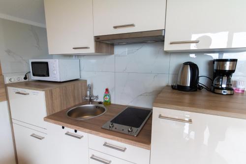 a kitchen with a sink and a microwave at Landhaus Karawankenblick in Himmelberg