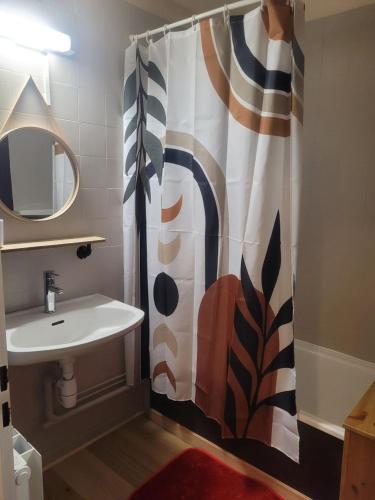 une salle de bain avec un lavabo et un rideau de douche dans l'établissement Jolie studio pied des pistes, à Orcières