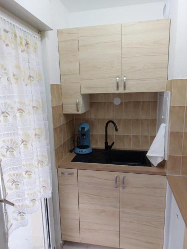 une cuisine avec des armoires en bois et un évier dans l'établissement Studio touristique rénové, à Strasbourg