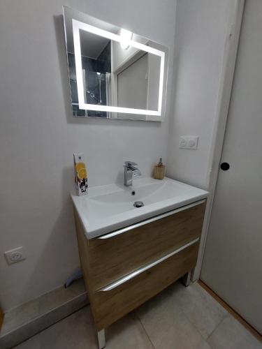 une salle de bain avec un lavabo et un miroir dans l'établissement Studio touristique rénové, à Strasbourg