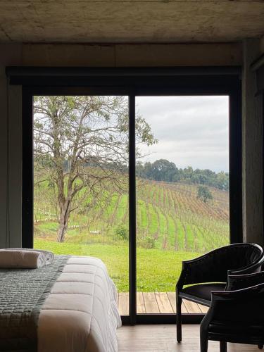 a bedroom with a bed and a view of a field at Pousada Refúgio dos Vinhedos in Bento Gonçalves