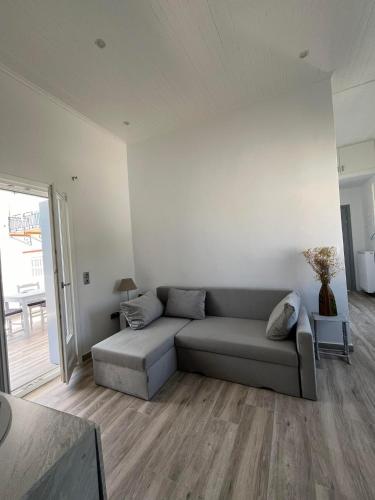 a living room with a gray couch in a room at Anemi in Spetses