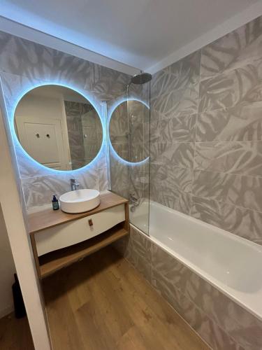 une salle de bain avec un lavabo et un miroir dans l'établissement Cosy Rez de jardin - Clim & Parking, à Aix-en-Provence