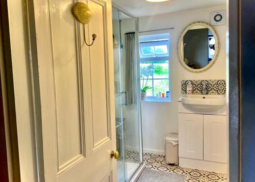 ein Badezimmer mit Dusche, Waschbecken und Spiegel in der Unterkunft 18th Century Cosy Cottage with Stunning views in Stratford in Stratford-upon-Avon