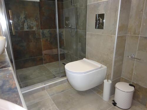 a bathroom with a toilet and a shower at Palio Seaside Escape in Kavala