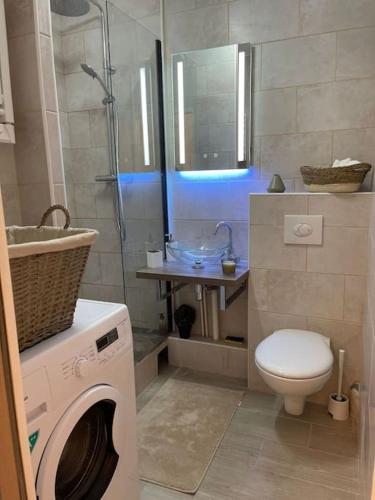 La salle de bains est pourvue de toilettes, d'un lavabo et d'un lave-linge. dans l'établissement T1 standing LA DÉFENSE - 10 min PARIS & U ARENA, à Courbevoie