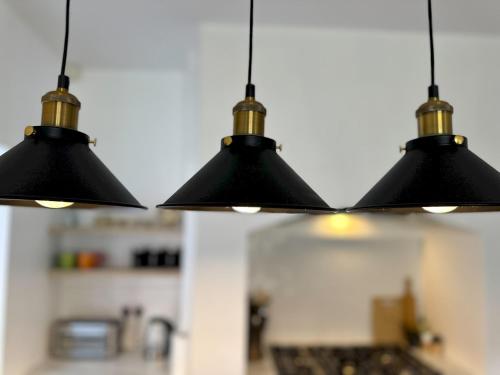 a group of three black lights hanging from a ceiling at Pass the Keys City Convenience in Stanley