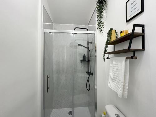 a shower with a glass door in a bathroom at Pass the Keys City Convenience in Stanley