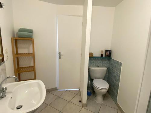 une salle de bain avec toilettes et lavabo dans l'établissement Chez Martin, à Verdigny