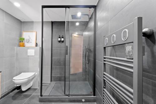 une salle de bain avec douche et toilettes dans l'établissement Nice Renting - 5bFRANCE - Luxurious Apartment Place Massena Promenade des Anglais, à Nice