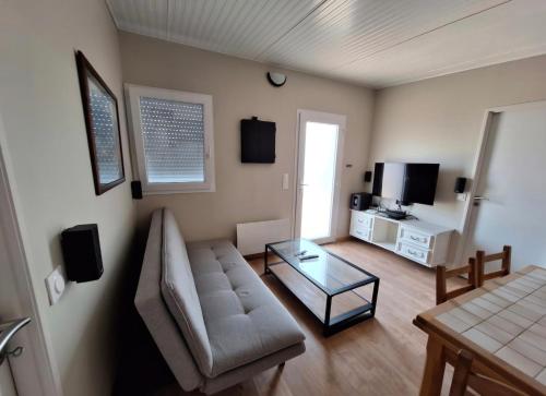 un salon avec un canapé et une table en verre dans l'établissement Maisonnette 40m2 type mobil-home, à Saint-Vit