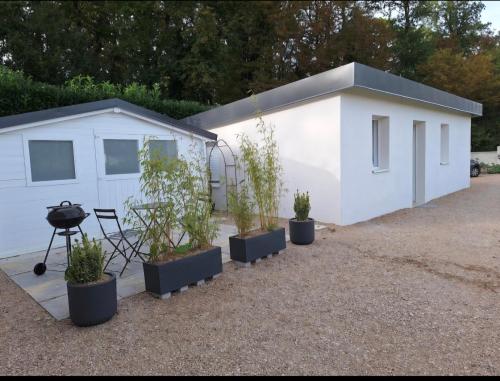 un hangar blanc avec des plantes en pot à côté dans l'établissement Maisonnette 40m2 type mobil-home, à Saint-Vit