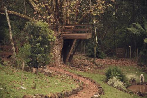 a wooden bridge hanging from a tree at Cabanas dos Plátanos in Gramado