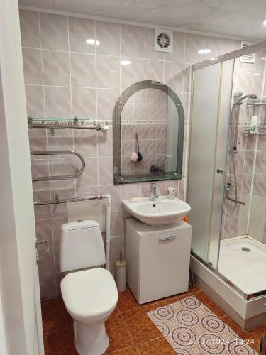 ein Badezimmer mit Toilette, Waschbecken und Dusche in der Unterkunft Sofi 2-комнатный in Narva