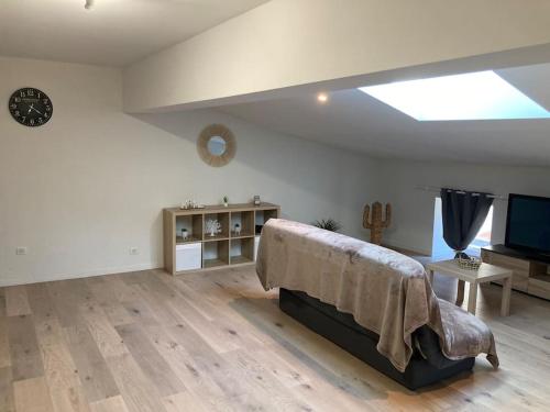 un salon avec un canapé et une télévision dans l'établissement Joli petit appartement, à Eymet
