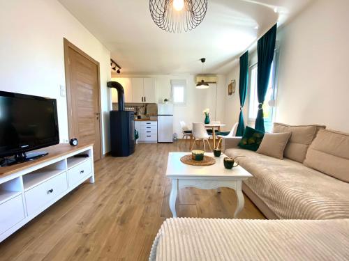 a living room with a couch and a tv at Košutica Vila in Koraćica