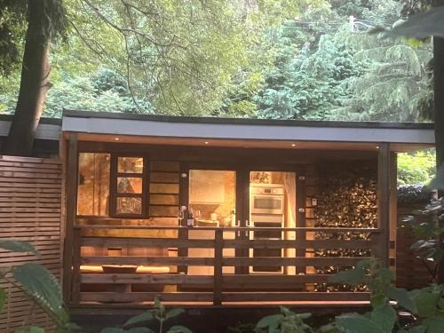 a small cabin in the woods with a large window at Parrys Hideaway in Lympstone