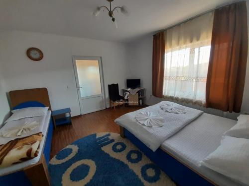 1 Schlafzimmer mit 2 Betten, einem Fenster und einem Teppich in der Unterkunft Cabana Robert in Arieşeni
