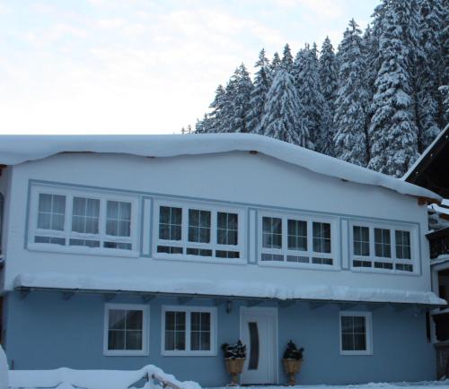 a house covered in snow with trees in the background at Haus Forellenhof in Ischgl