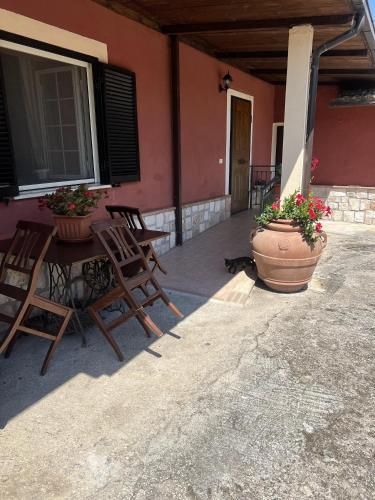a cat sitting next to a table and chairs on a patio at B&B Colle Cucchiara in Cassino