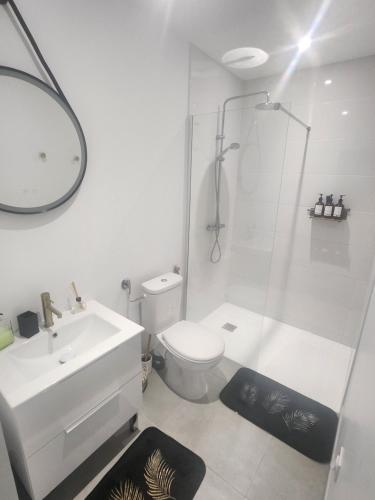 une salle de bain avec toilettes, lavabo et douche dans l'établissement Chambre Armelle, chambre privée avec accés piscine, à Artigues-près-Bordeaux