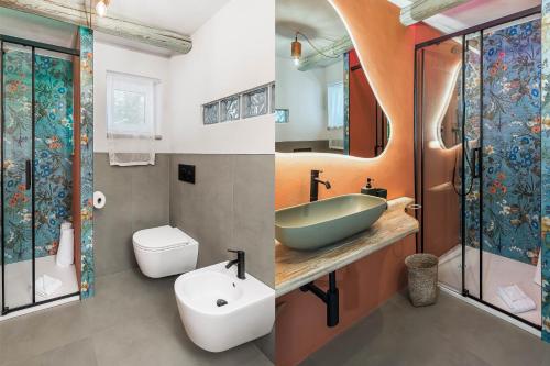 two pictures of a bathroom with a sink and a toilet at Trulli Terra Magica in Putignano