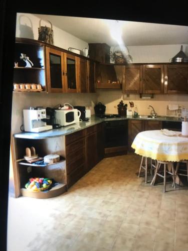 a kitchen with wooden cabinets and a table with a microwave at Quinta do galo in Magrelos