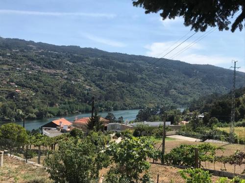 a view of a river with a town and a mountain at Quinta do galo in Magrelos