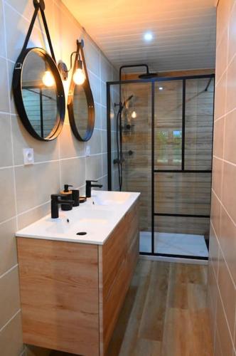 une salle de bain avec un lavabo et une douche avec miroirs dans l'établissement Le Nid Douillet, à Chavanges