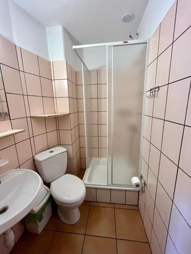 a bathroom with a toilet and a shower at Pokoje gościnne Pod bocianami in Stegna