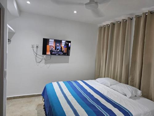 a bedroom with a bed and a tv on the wall at Nayuu' Estudio in Santa Cruz Huatulco