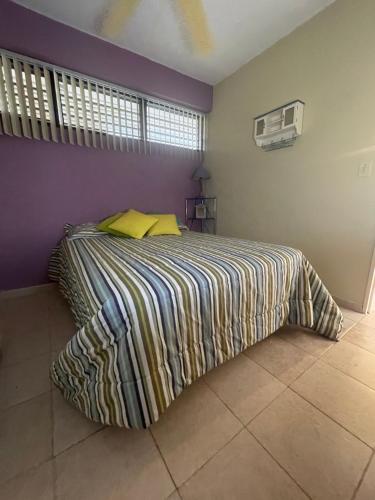 a bedroom with a bed with a striped blanket at Alcaravanes 1 in Higuerote