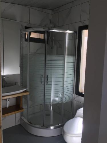 a bathroom with a glass shower with a toilet at La casita del sol in Las Terrenas