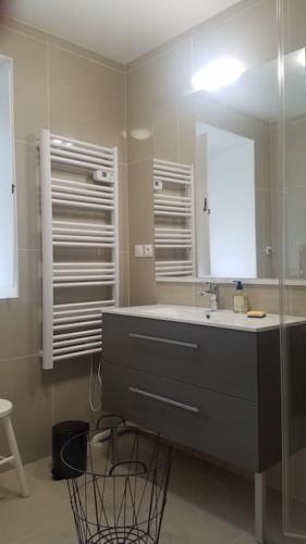 une salle de bain avec un lavabo et un miroir dans l'établissement Gite chaleureux à proximité de la Vilaine, à Péaule
