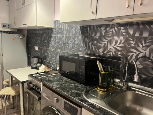 a kitchen with a sink and a microwave at Apartment in Old Tbilisi Orbeliani Square in Tbilisi City