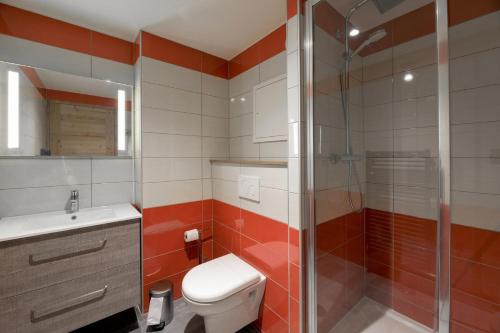 une salle de bain avec toilettes et douche en verre dans l'établissement Résidence Backgammon - LE BACKGAMMON MAE-3551, à Les Coches