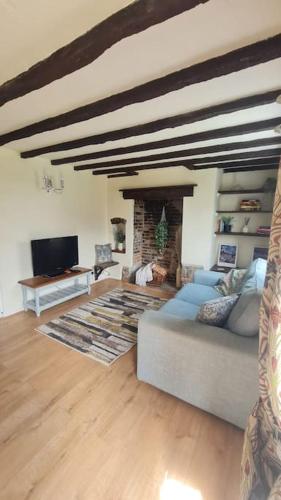 a living room with a couch and a fireplace at Wish End Cottage in Ratton Village