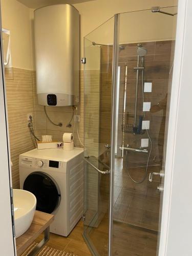 a bathroom with a shower and a washing machine at Hestia Suite in Zaječar