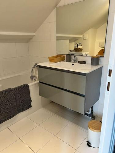 une salle de bain avec un lavabo et une baignoire dans l'établissement La jolie petite maison, à Saint-André-les-Vergers