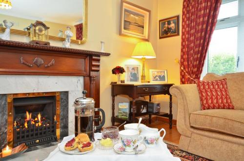 a living room with a fireplace and a table with food at Cappa Veagh B&B in Galway