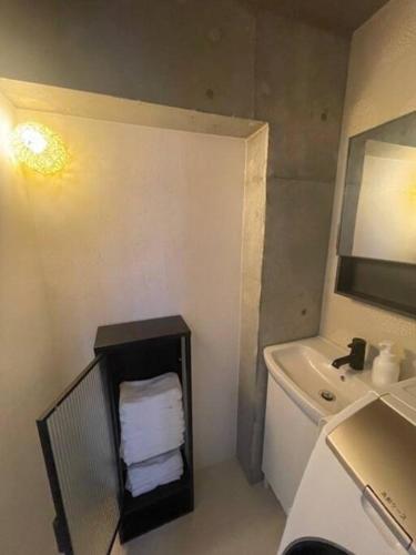 a bathroom with a sink and a toilet and a mirror at ShibuyaYoyogi Shinjuku 8psn 70sqm New Apartment Maisonette in Tokyo