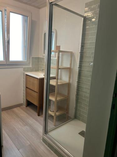 La salle de bains est pourvue d'une douche avec un miroir et un lavabo. dans l'établissement Appartement Le Panoramic - Terrasse et Parking, à Cassis