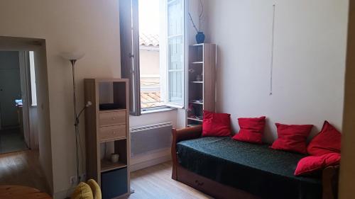 un salon avec un canapé et une fenêtre dans l'établissement Appartement IM T2 ds hôtel particulier proche Palais des Papes, à Avignon