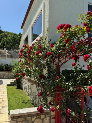 a house with red roses growing on a wall at Casa del Olivia in Seferihisar