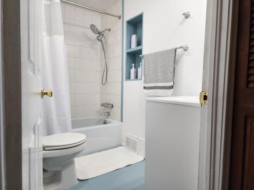 a white bathroom with a toilet and a shower at Rustic Catskills Cabin with Hot Tub and Mountain Views in Prattsville