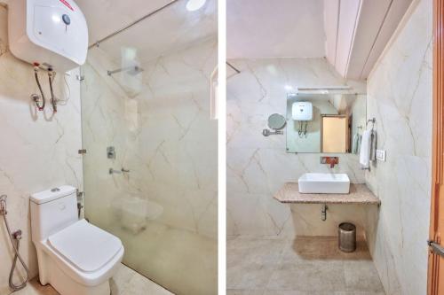 two pictures of a bathroom with a toilet and a sink at Hotel Ibex in Manāli