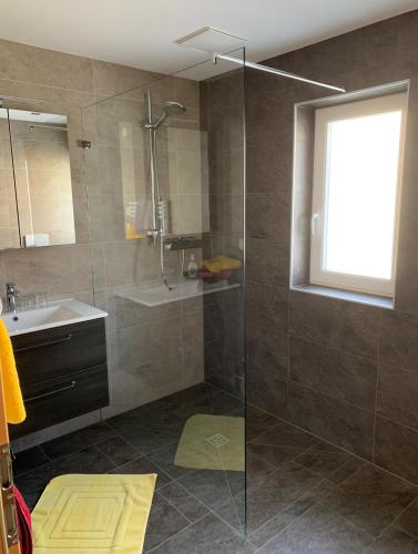 a bathroom with a shower and a sink at Apartment Wurnitsch in Bramberg am Wildkogel