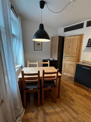 a kitchen and dining room with a table and chairs at Ferienwohnung zur Parthe in Grimma