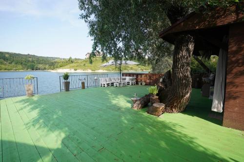 a patio with a tree next to a body of water at Pensiunea La Rose-lângă lac cu ponton in Cinciş